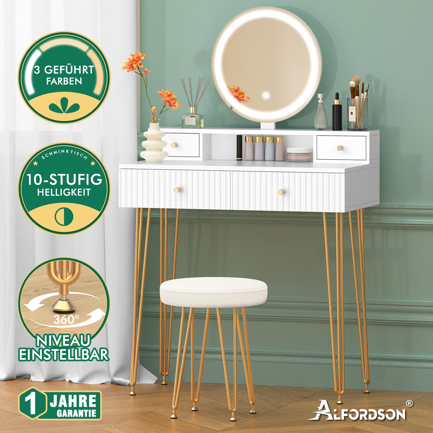 ALFORDSON Frisiertisch-Hocker-Set Schminktisch LED Spiegel Schrank Schlafzimmer