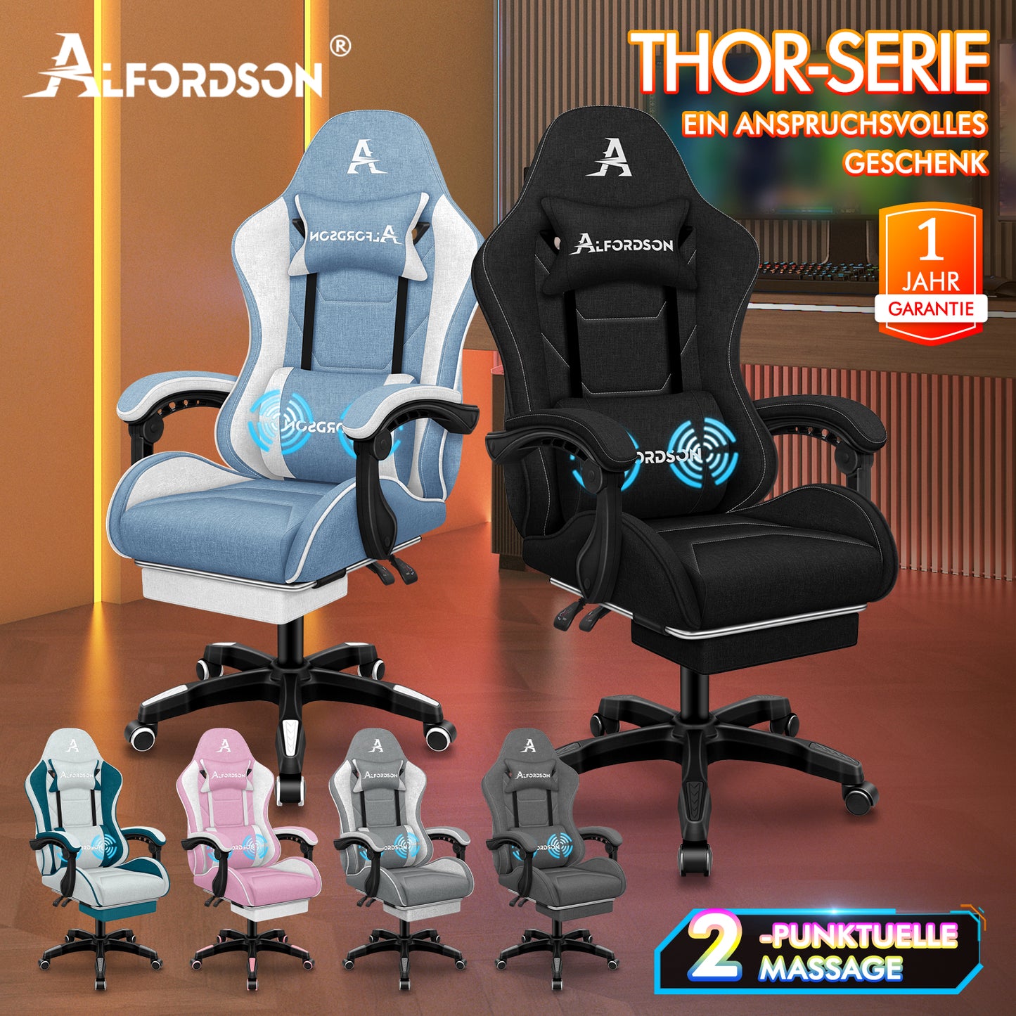 ALFORDSON Massage Bürostuhl Gaming Executive Sitz Leinenstoff Computer Racer