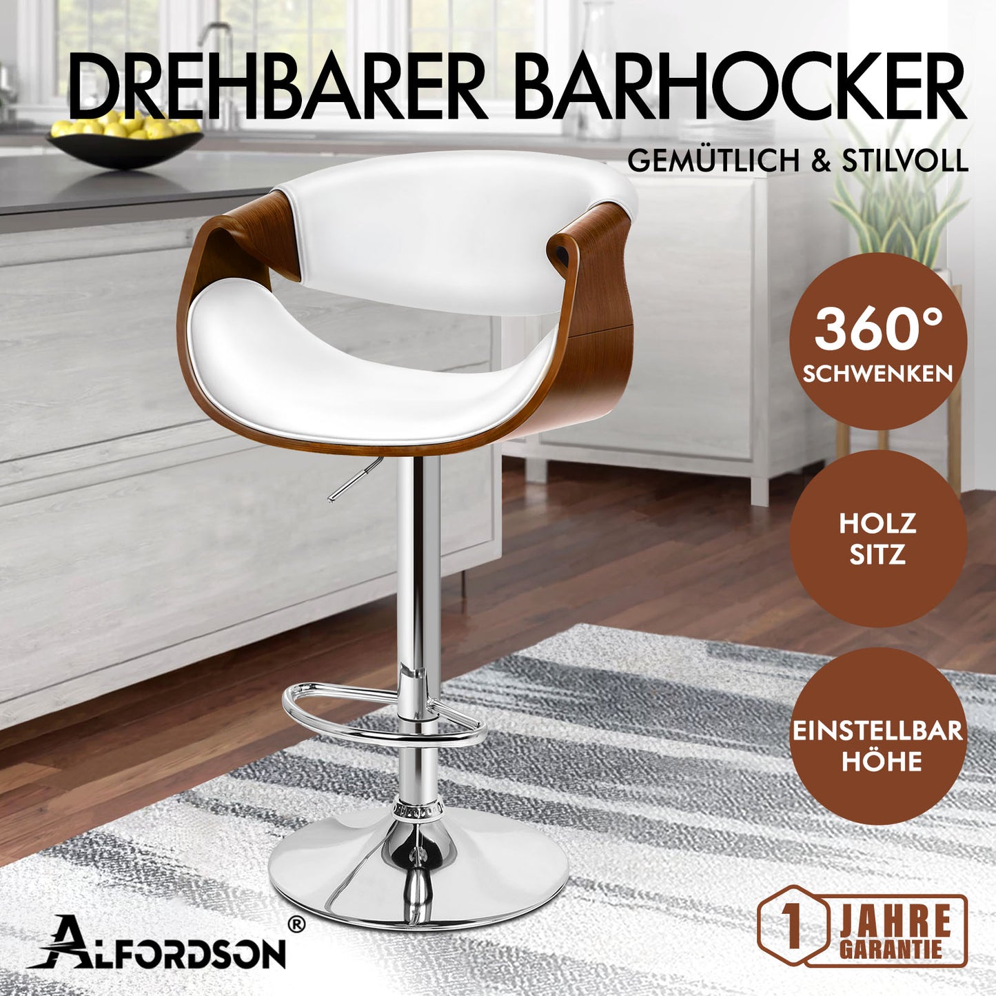 ALFORDSON 1x Barhocker Küchenstuhl Drehstuhl Holz Leder Trice Weiß
