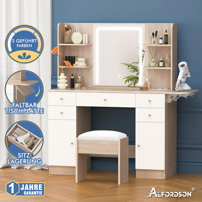 ALFORDSON Frisiertisch-Hocker-Set Schminktisch LED Spiegel Schrank Schlafzimmer