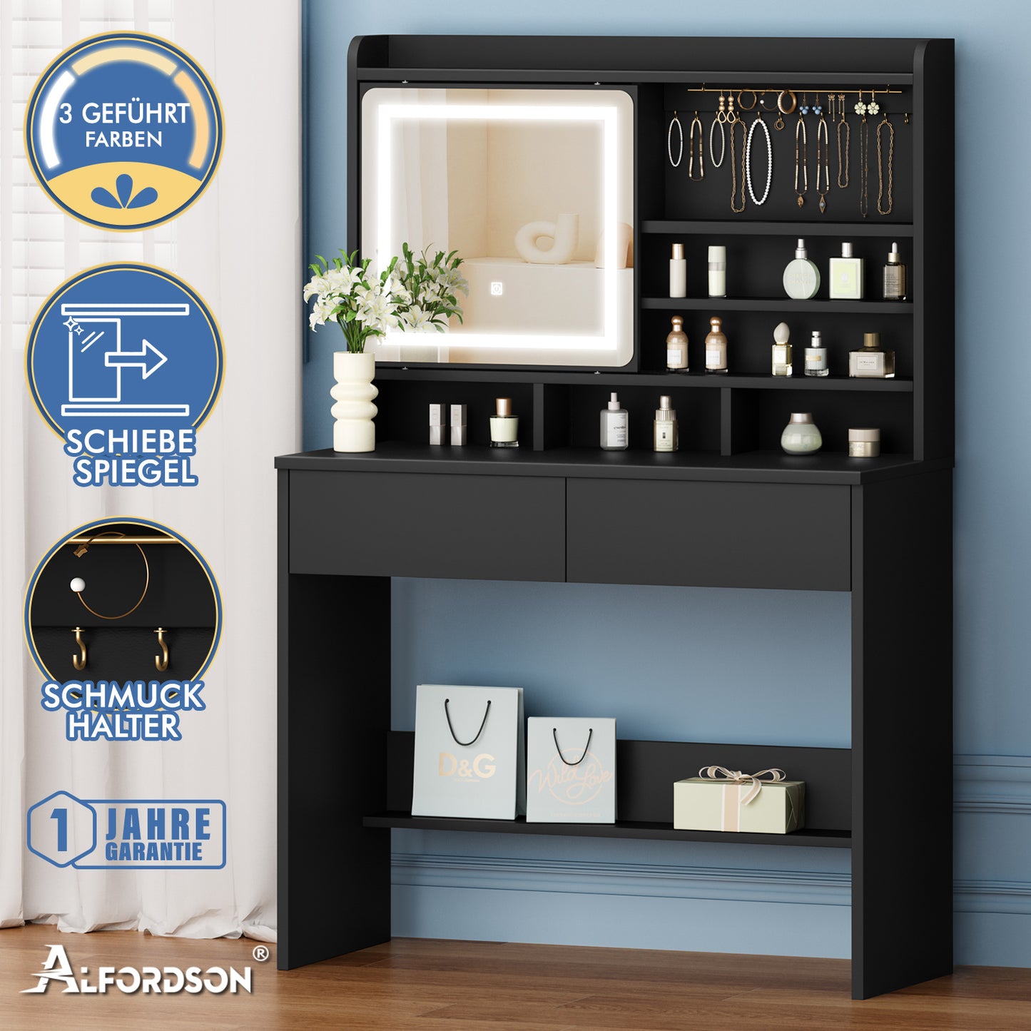 ALFORDSON Frisiertisch-Hocker-Set Schminktisch LED Schrank Schminkspiegel