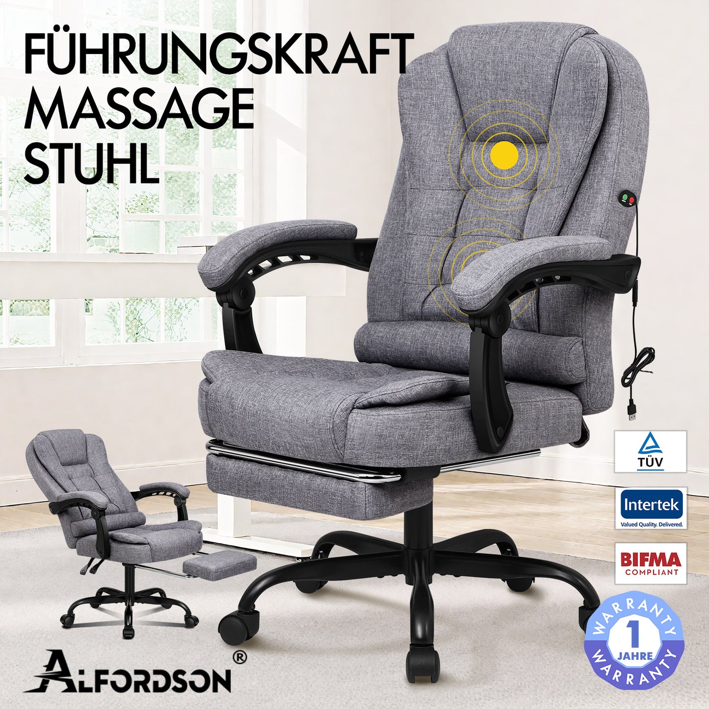 ALFORDSON Massage-Bürostuhl mit Fußstütze Grauer Stoff Executive-Gaming-Sitz