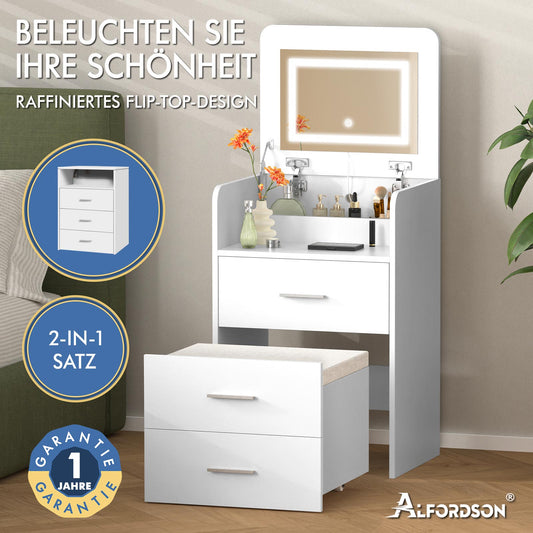 ALFORDSON Frisiertisch-Hocker-Set Schminktisch LED Spiegel Schrank Schlafzimmer