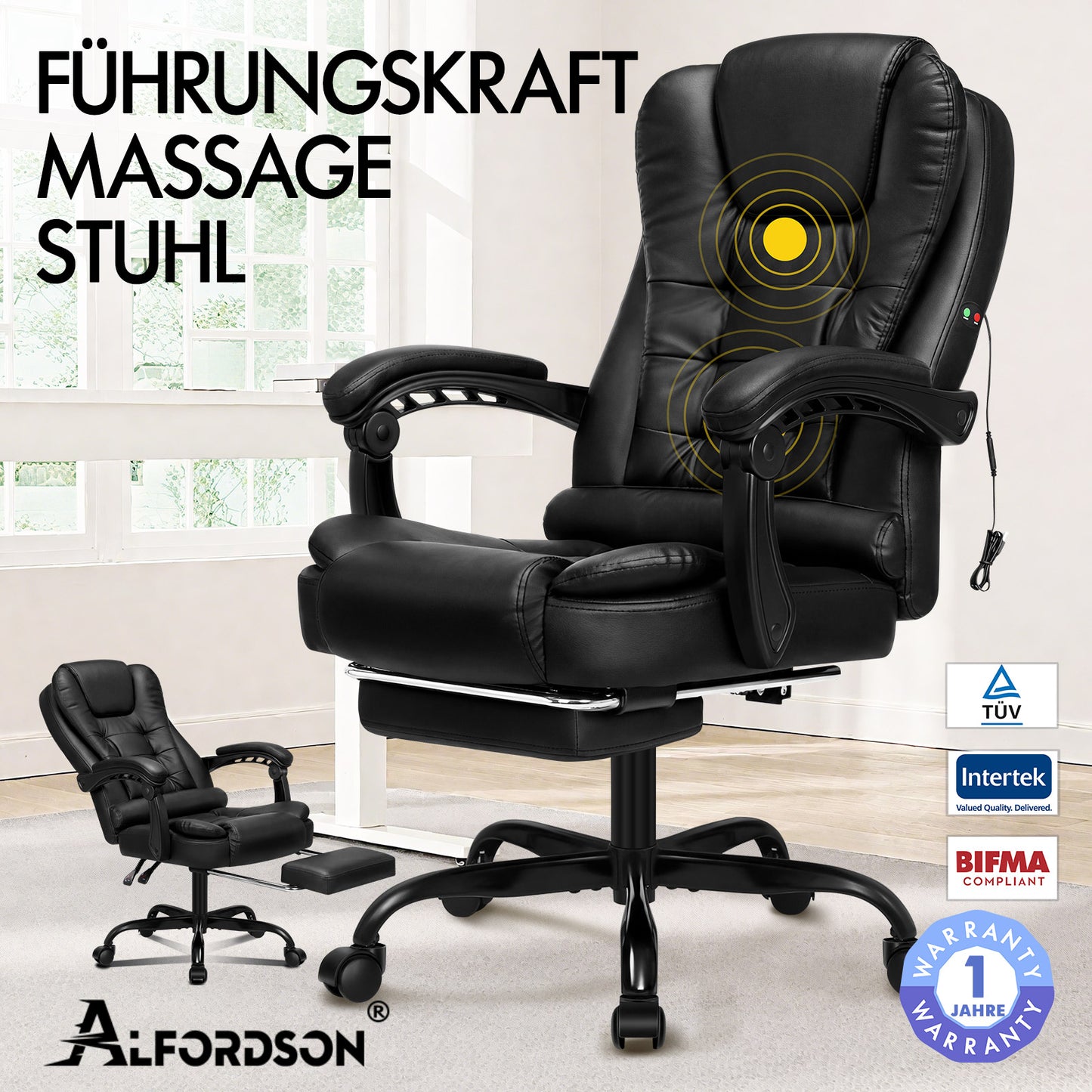 ALFORDSON Massage-Bürostuhl mit Fußstütze, Executive-Gaming-Sitz, PU-Leder