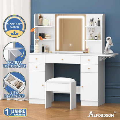 ALFORDSON Frisiertisch-Hocker-Set Schminktisch LED Spiegel Schrank Schlafzimmer