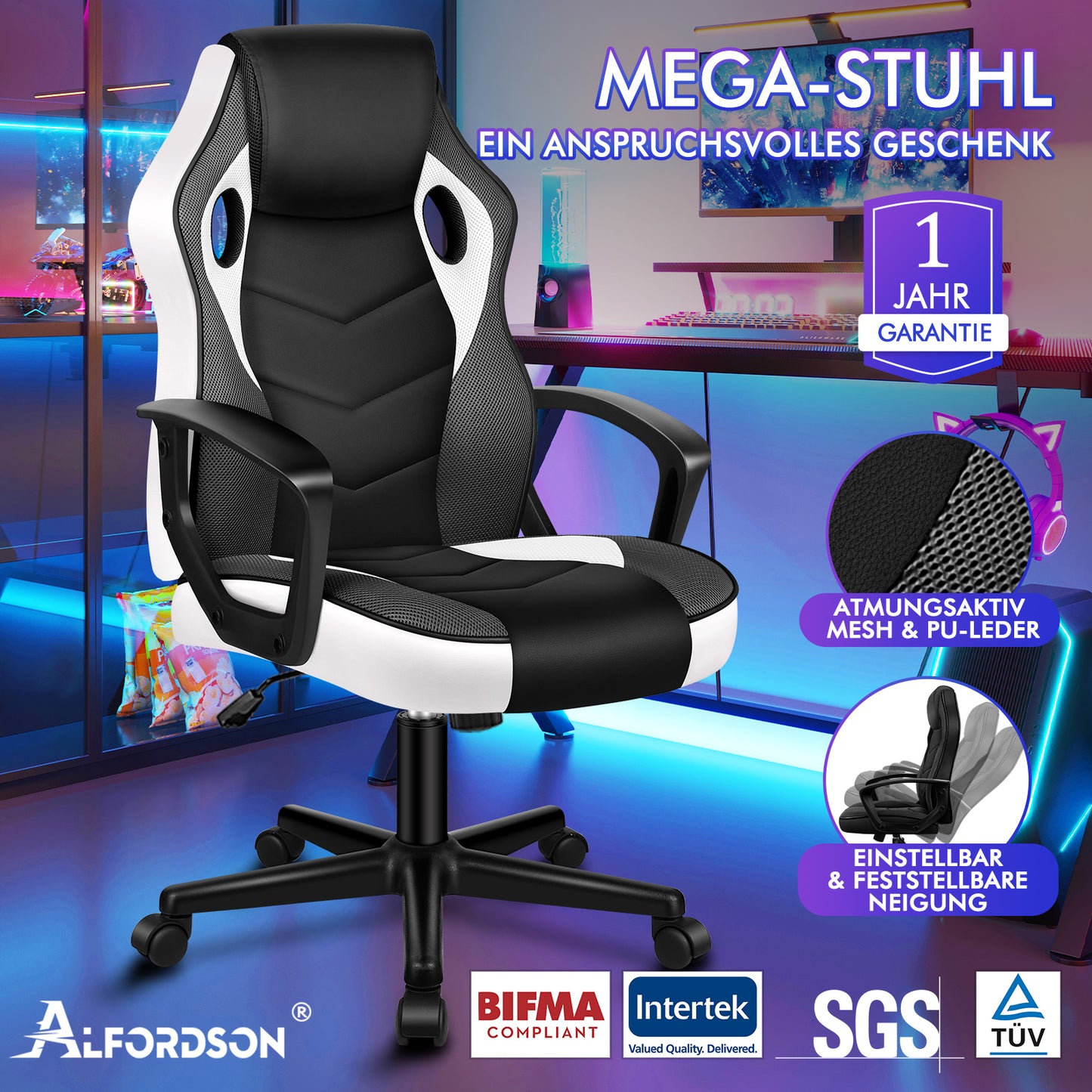 ALFORDSON Gaming Stuhl Racing Büro Ergonomisch Drehbar Exekutive Computer Weiß