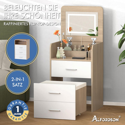 ALFORDSON Frisiertisch-Hocker-Set Schminktisch LED Spiegel Schrank Schlafzimmer