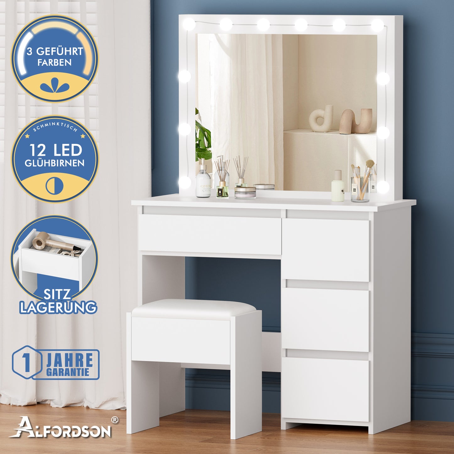 ALFORDSON Frisiertisch-Hocker-Set Schminktisch LED Spiegel Schrank Schlafzimmer