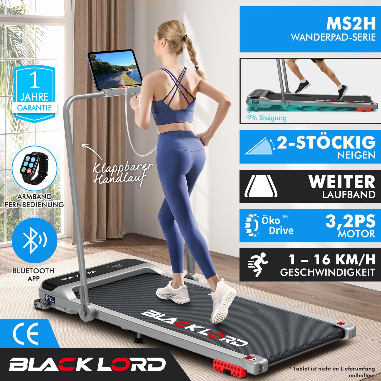 BLACK LORD Laufband Elektrisch Tretmühle Heim BüroNeigung Faltbar Silber