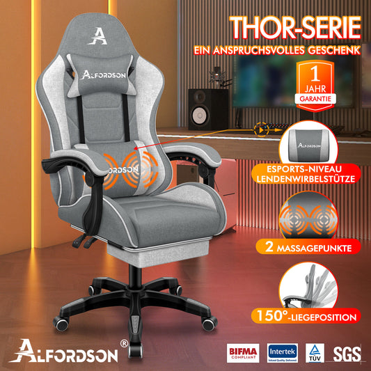 ALFORDSON Massage Bürostuhl Gaming Executive Sitz Leinenstoff Computer Racer, Kunstleder, Blau & Weiß