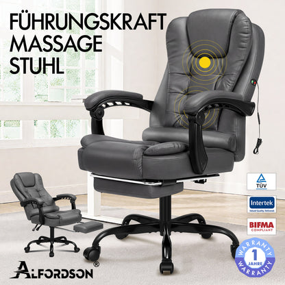 ALFORDSON Massage-Bürostuhl mit Fußstütze, Executive-Gaming-Sitz, PU-Leder Grau