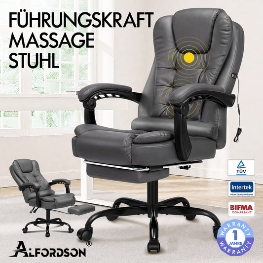 ALFORDSON Massage-Bürostuhl mit Fußstütze, Executive-Gaming-Sitz, PU-Leder Grau