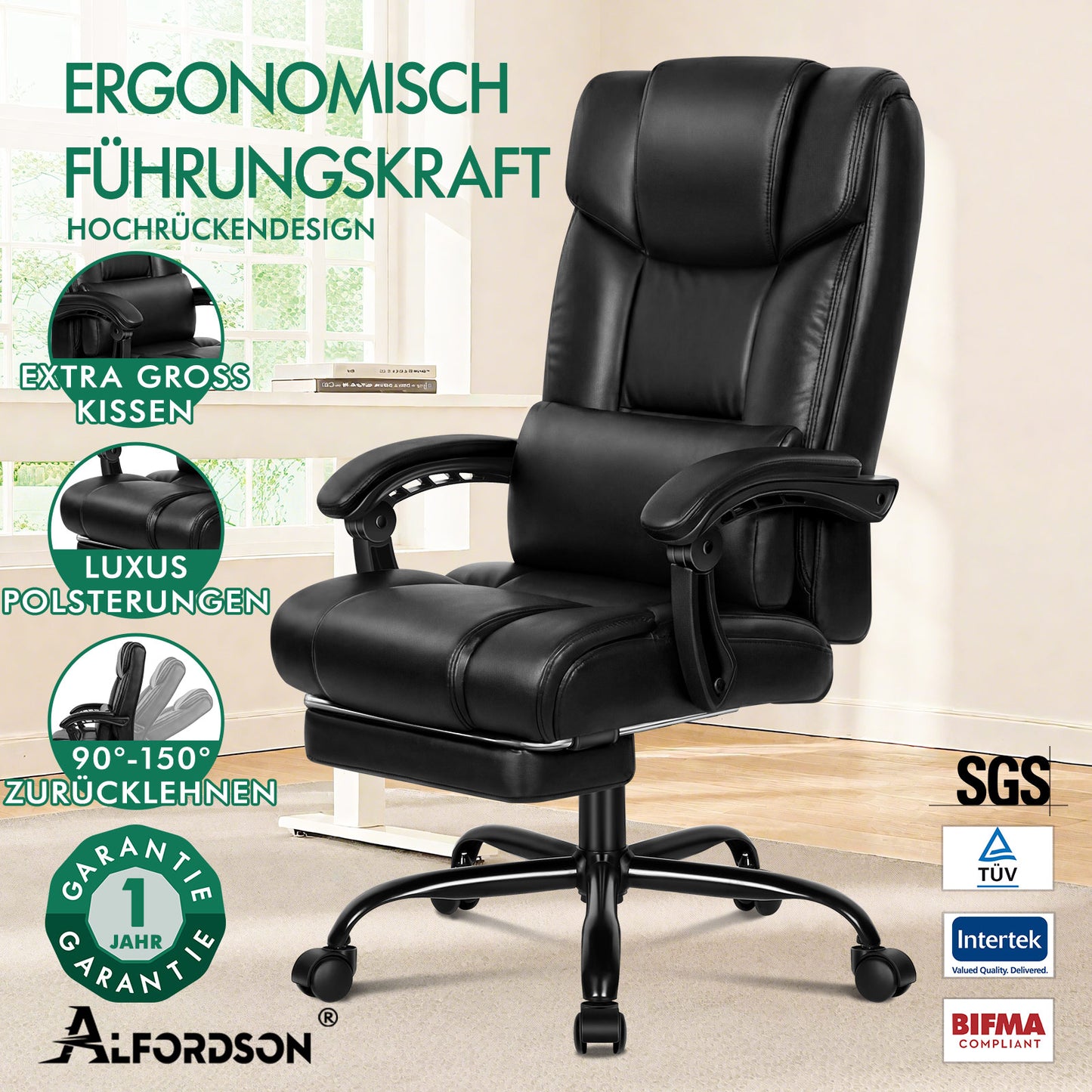 ALFORDSON Bürostuhl Exekutive Computer Spielen PU-Ledersitz Recliner Schwarz