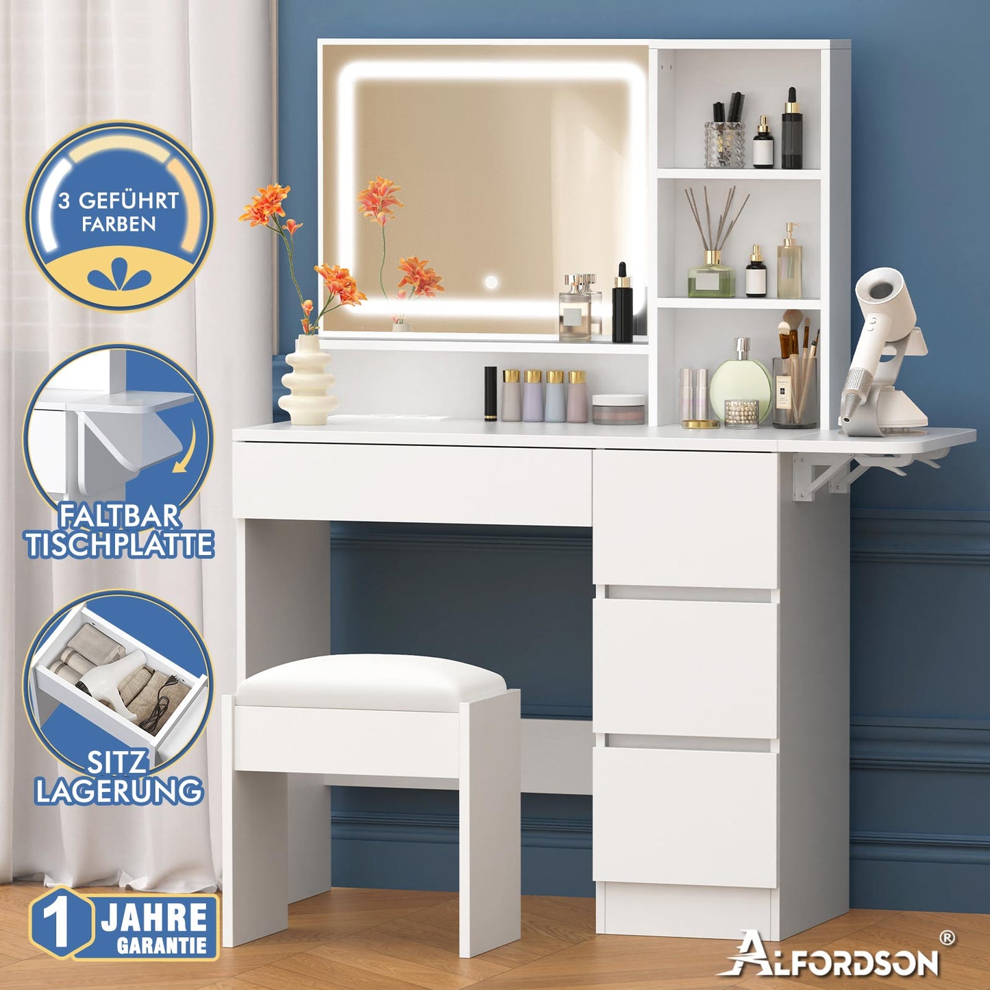 ALFORDSON Frisiertisch-Hocker-Set Schminktisch LED Spiegel Schrank Schlafzimmer
