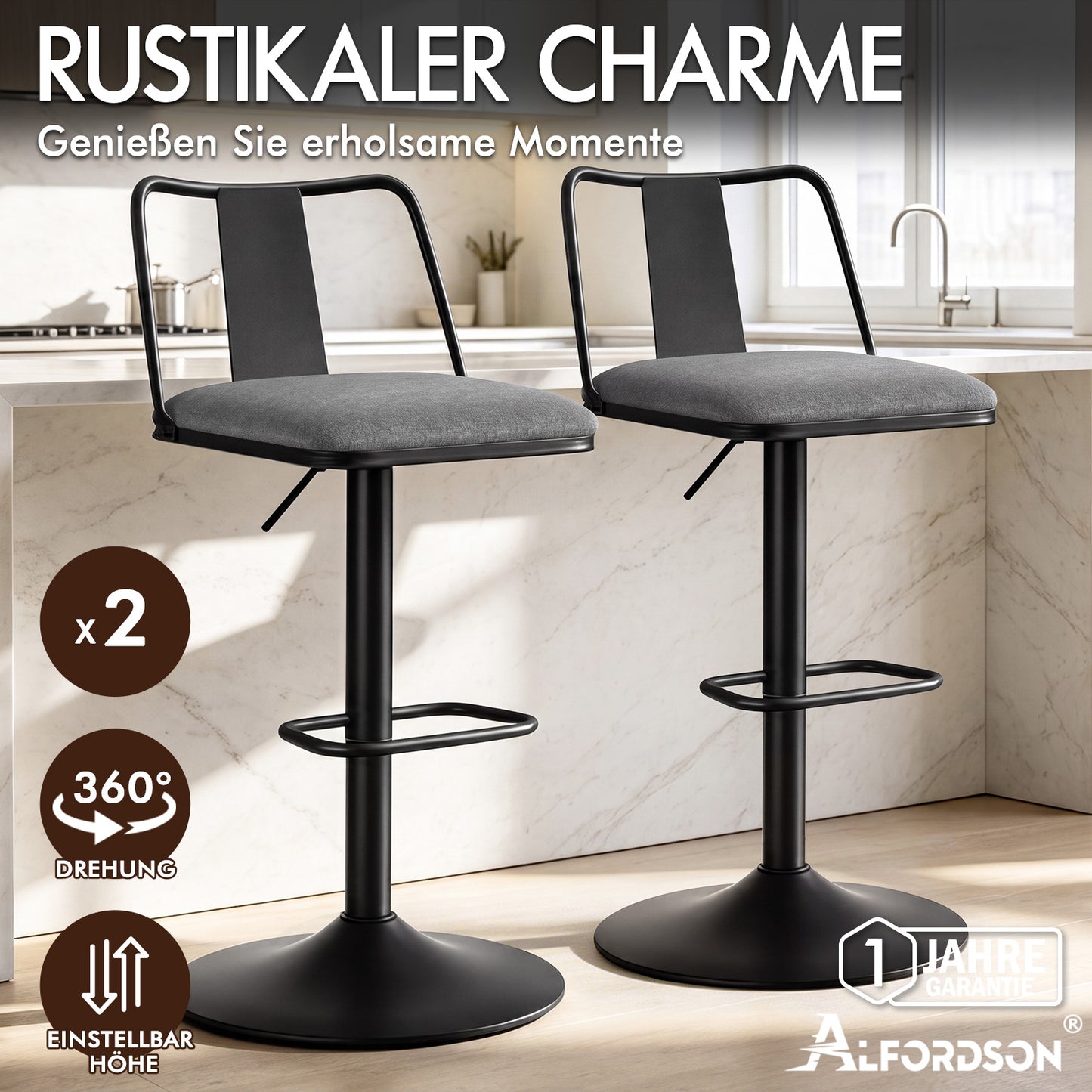 ALFORDSON 2x Barhocker Gaslift Stoff Barstühle Küche Swivel Gloria GRAU
