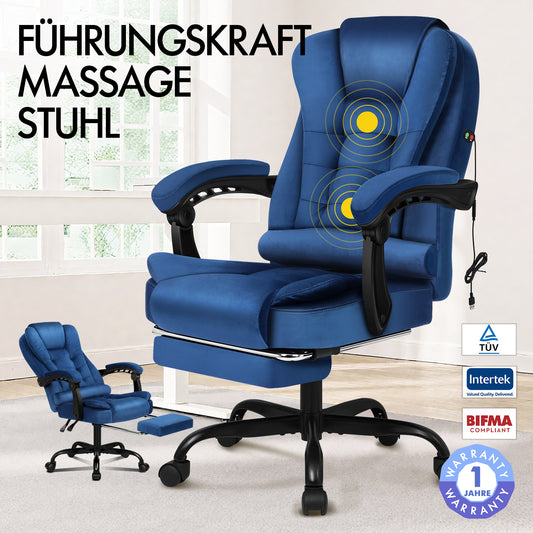 ALFORDSON Massage-Bürostuhl mit Fußstütze Samt Blau Executive-Gaming-Sitz