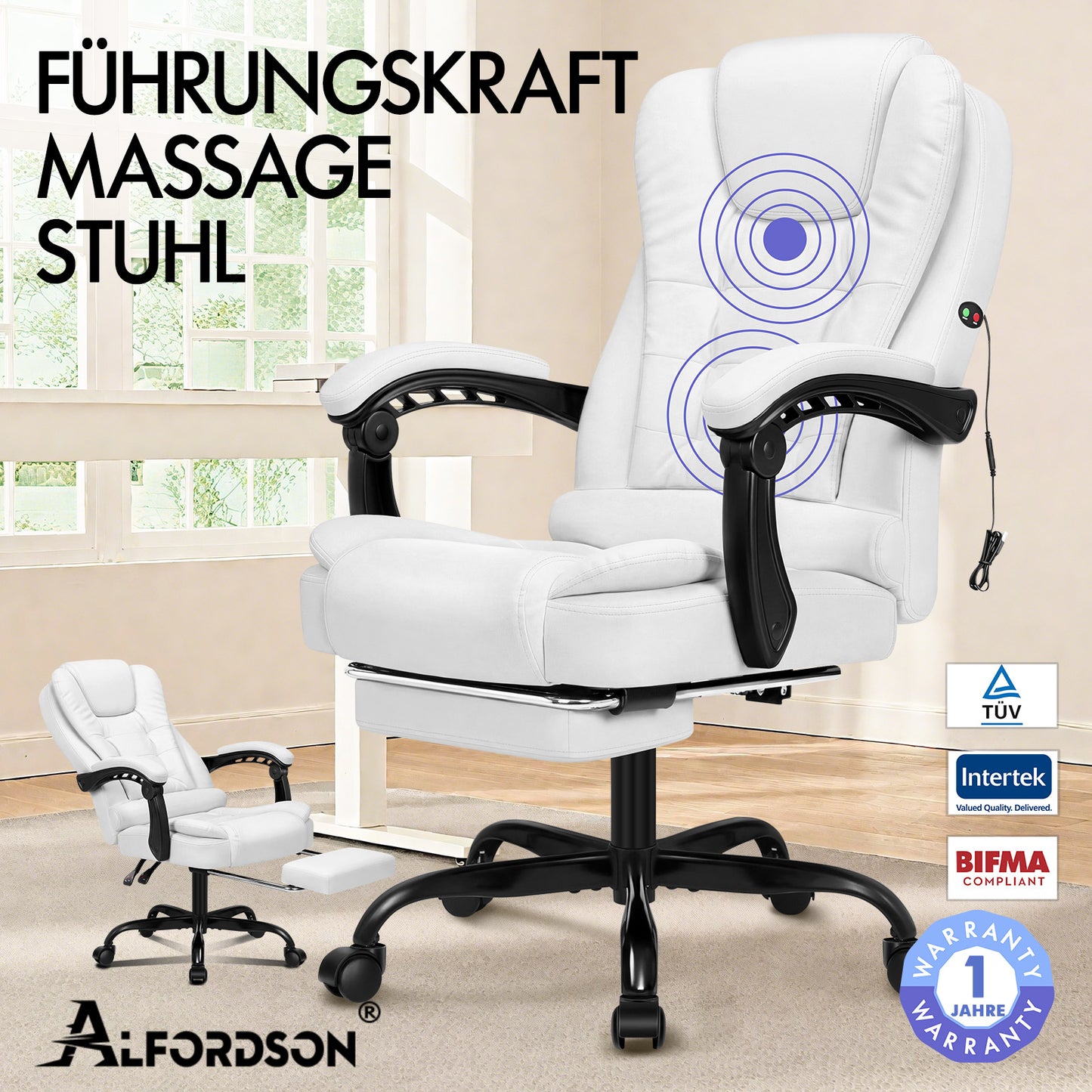ALFORDSON Massage-Bürostuhl mit Fußstütze, Executive-Gaming-Sitz, PU-Leder Weiß