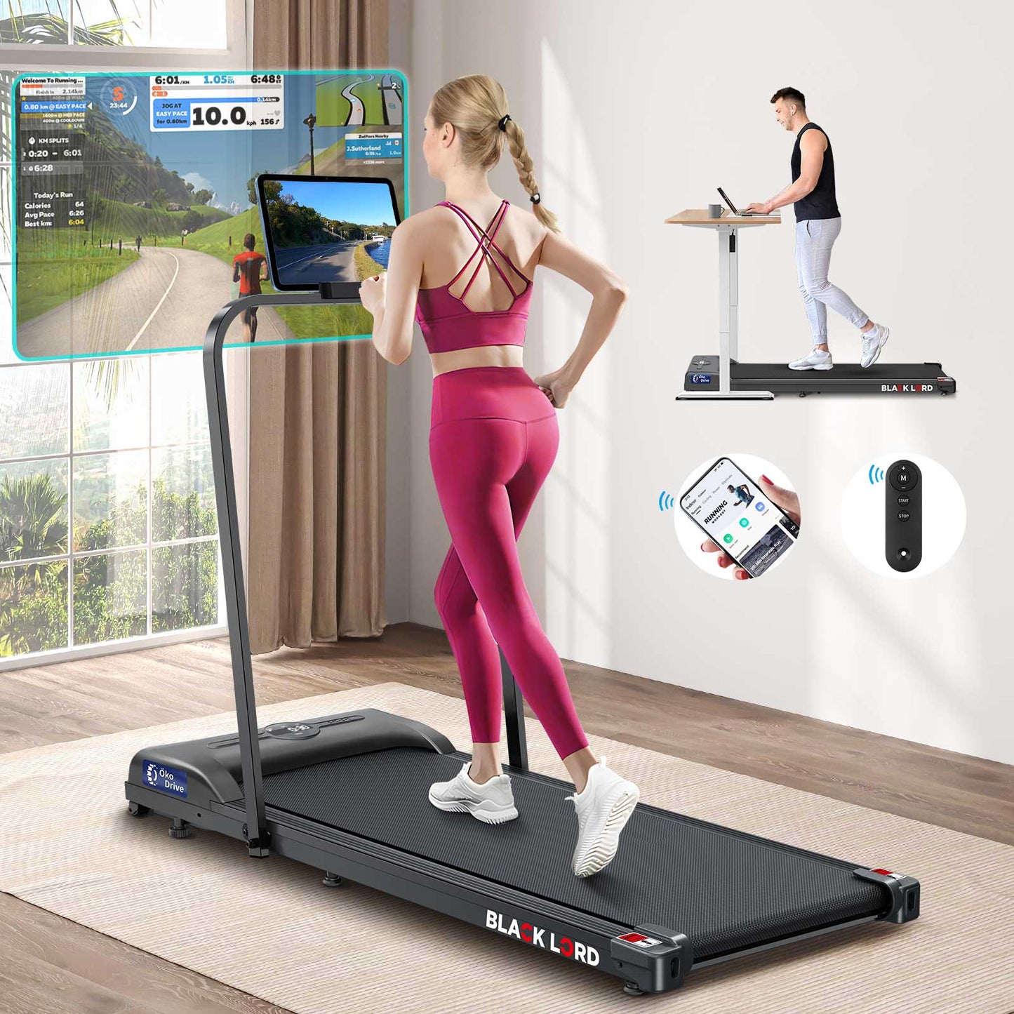 BLACK LORD Laufband Elektrisch Laufkissen Zuhause Büro Fitnessstudio Faltbar, mit Griff, Schwarz