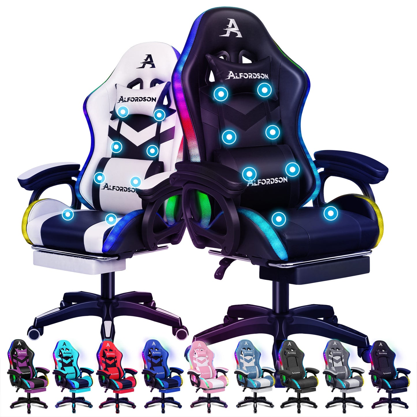ALFORDSON Gaming Stuhl mit 8-Punkt Massage 12 Farben RGB LED-Licht Leder/Stoff