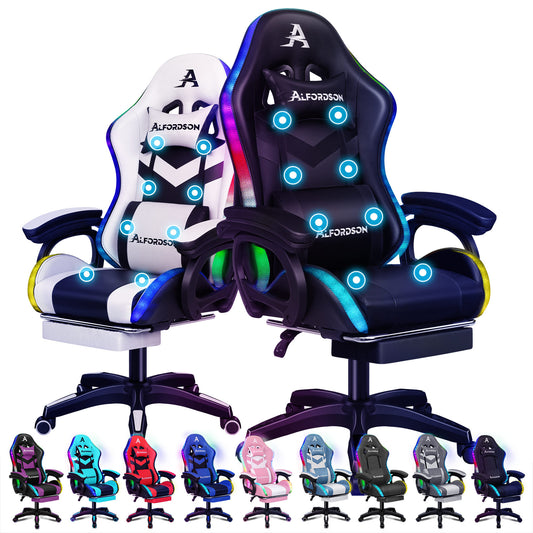 ALFORDSON Gaming Stuhl mit 8-Punkt Massage 12 Farben RGB LED-Licht Leder/Stoff