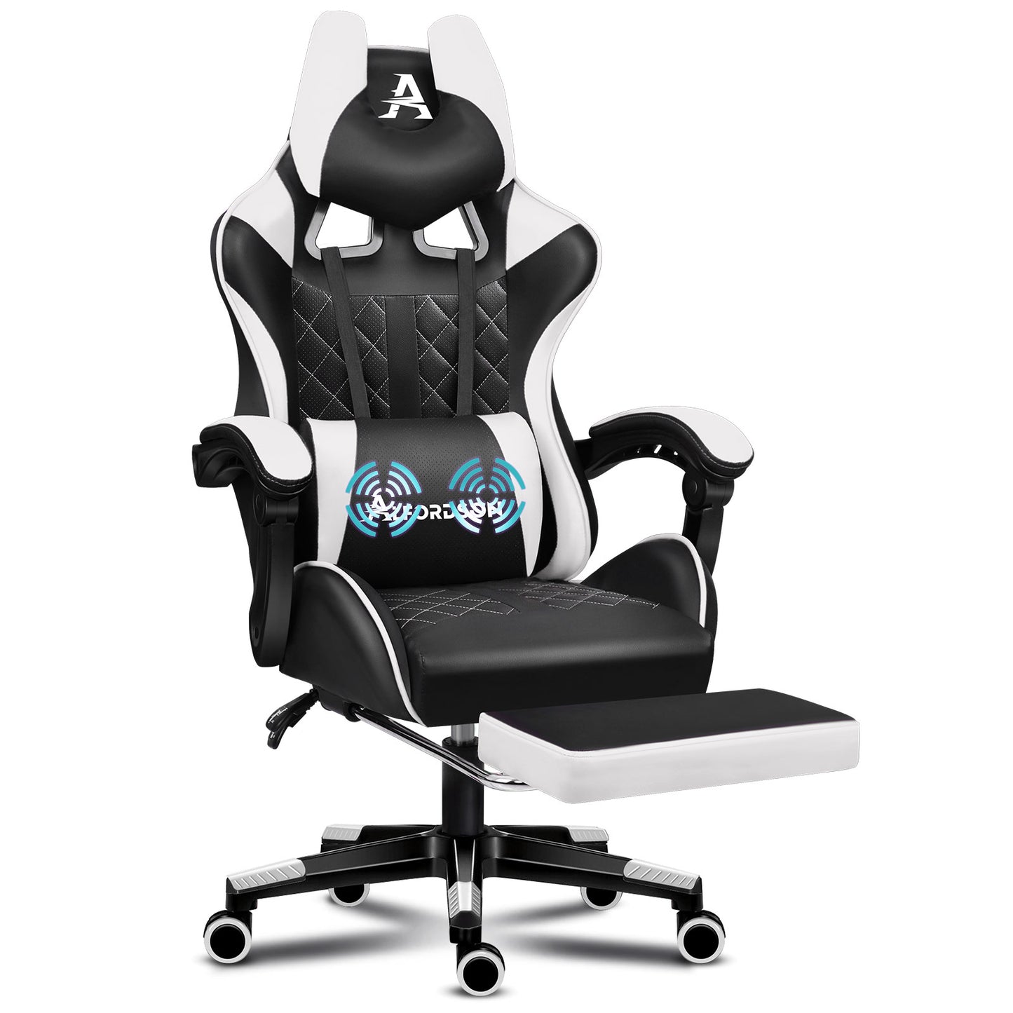 Silla gaming ALFORDSON de oficina Racer con cojín lumbar grande y reposapiés, asiento de cuero blanco