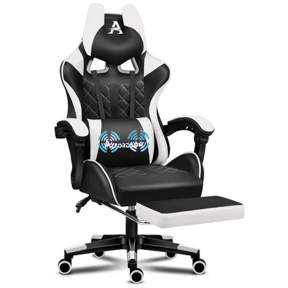 Silla gaming ALFORDSON de oficina Racer con cojín lumbar grande y reposapiés, asiento de cuero blanco