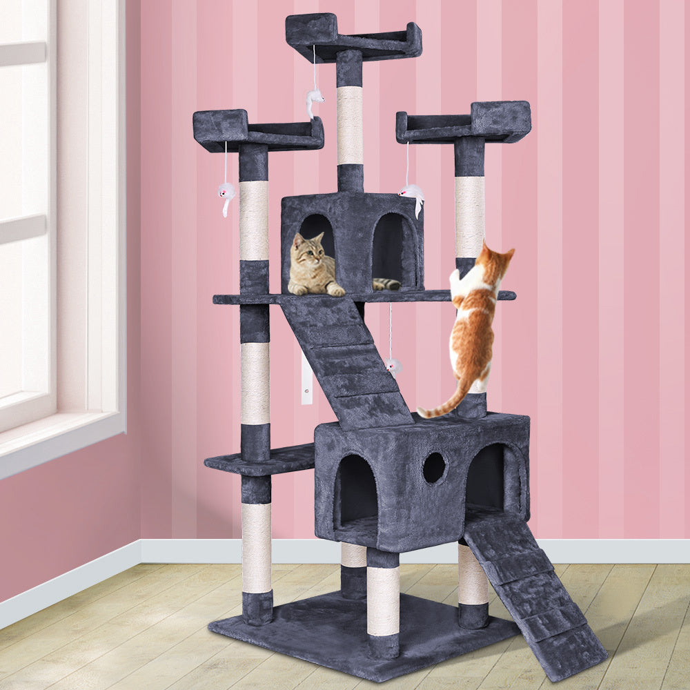 Árbol para gatos con juguete de ratón – gris, 180 cm