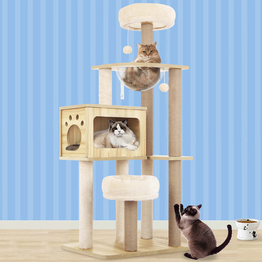 Kratzbaum, Holz, Condo-Hausbett, 144 cm