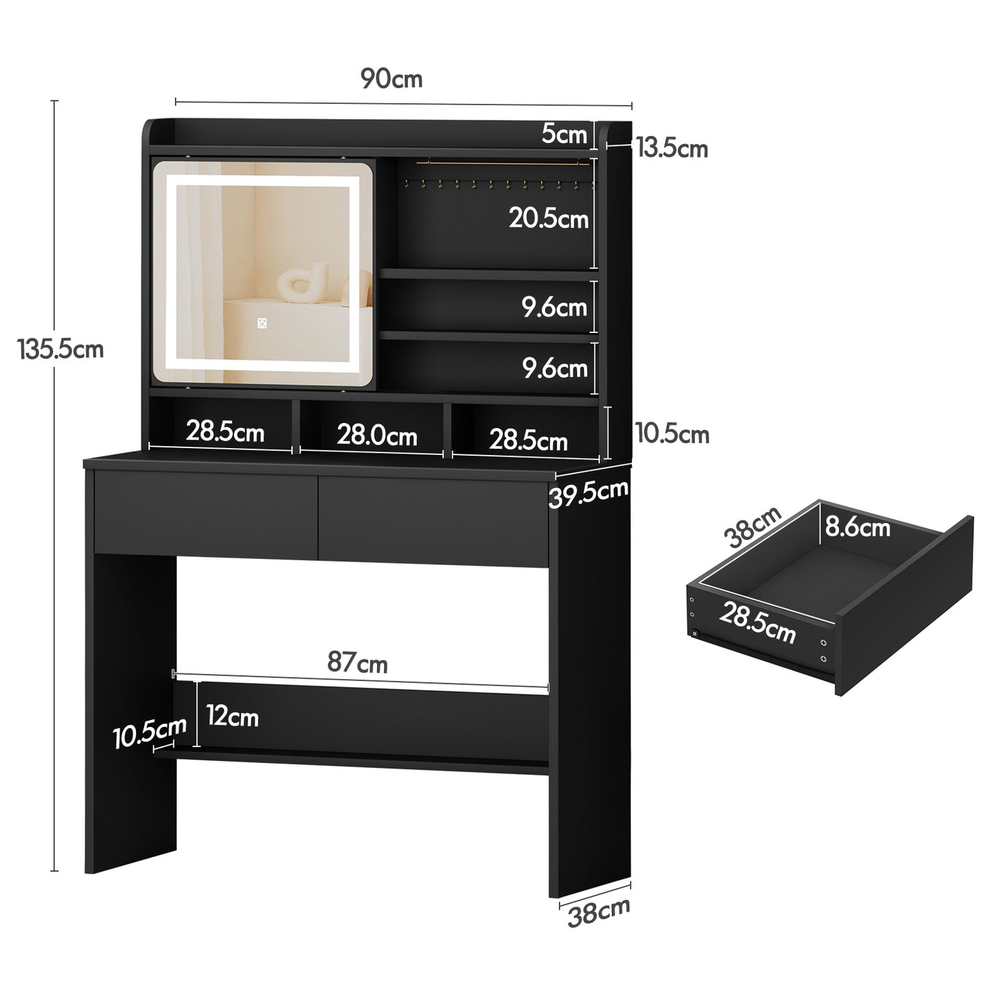ALFORDSON Frisiertisch-Hocker-Set Schminktisch LED Schrank Schminkspiegel
