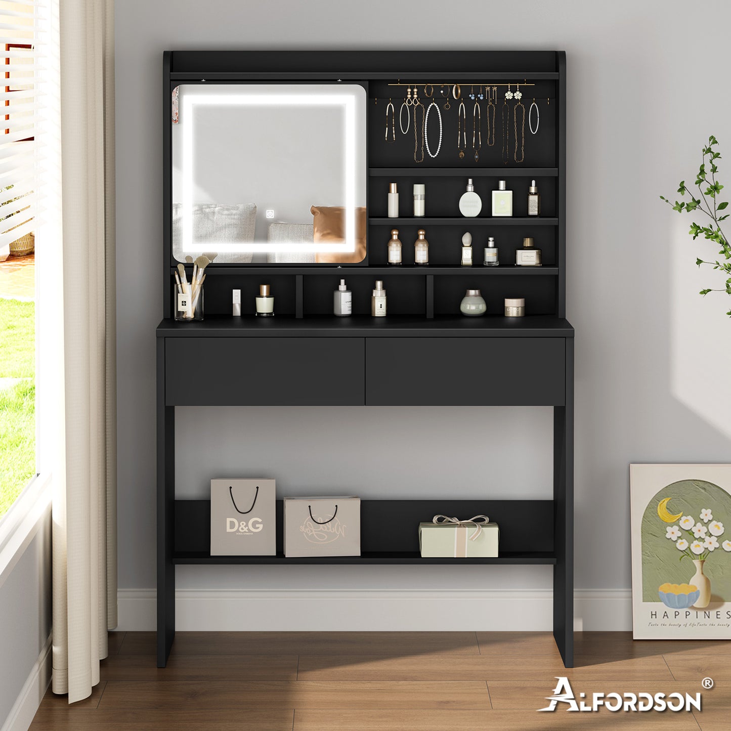 ALFORDSON Frisiertisch-Hocker-Set Schminktisch LED Schrank Schminkspiegel
