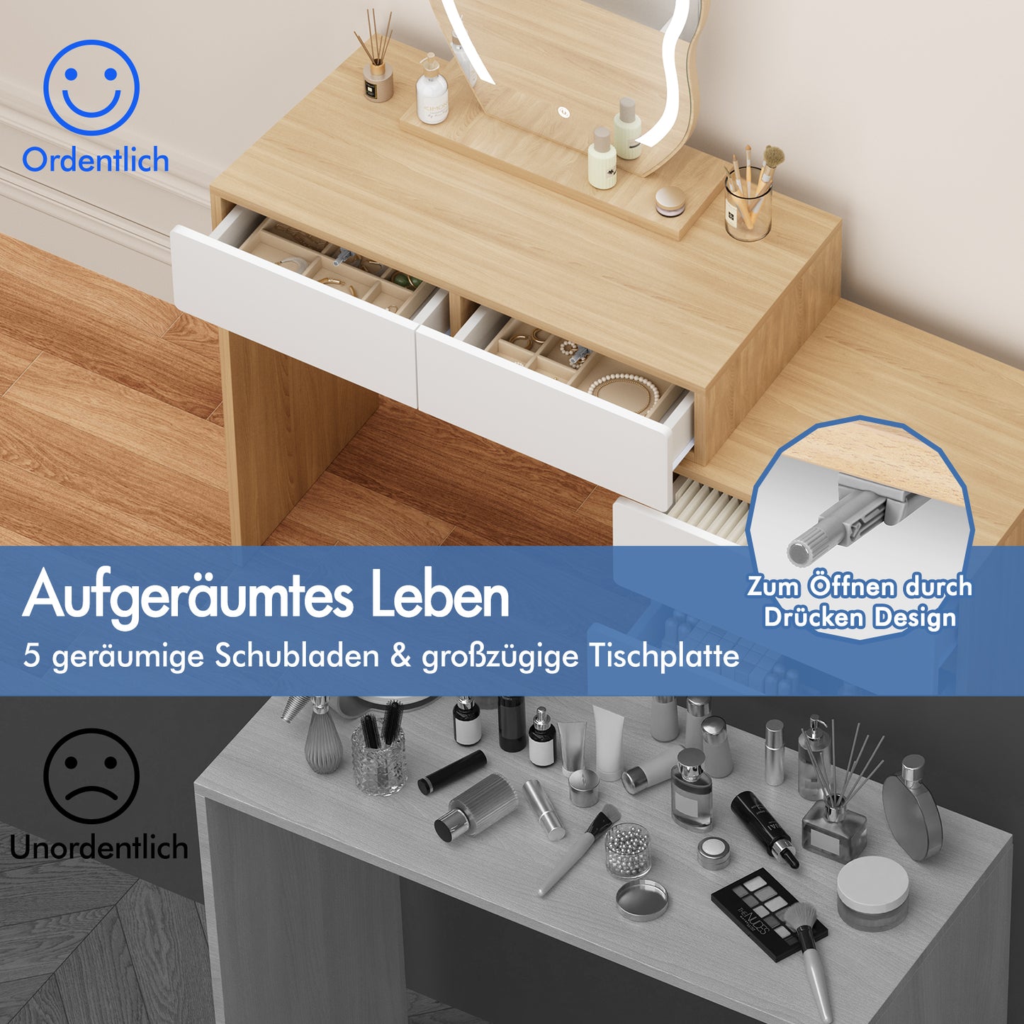ALFORDSON Frisiertisch-Hocker-Set Schminktisch LED Spiegel Schrank Schlafzimmer