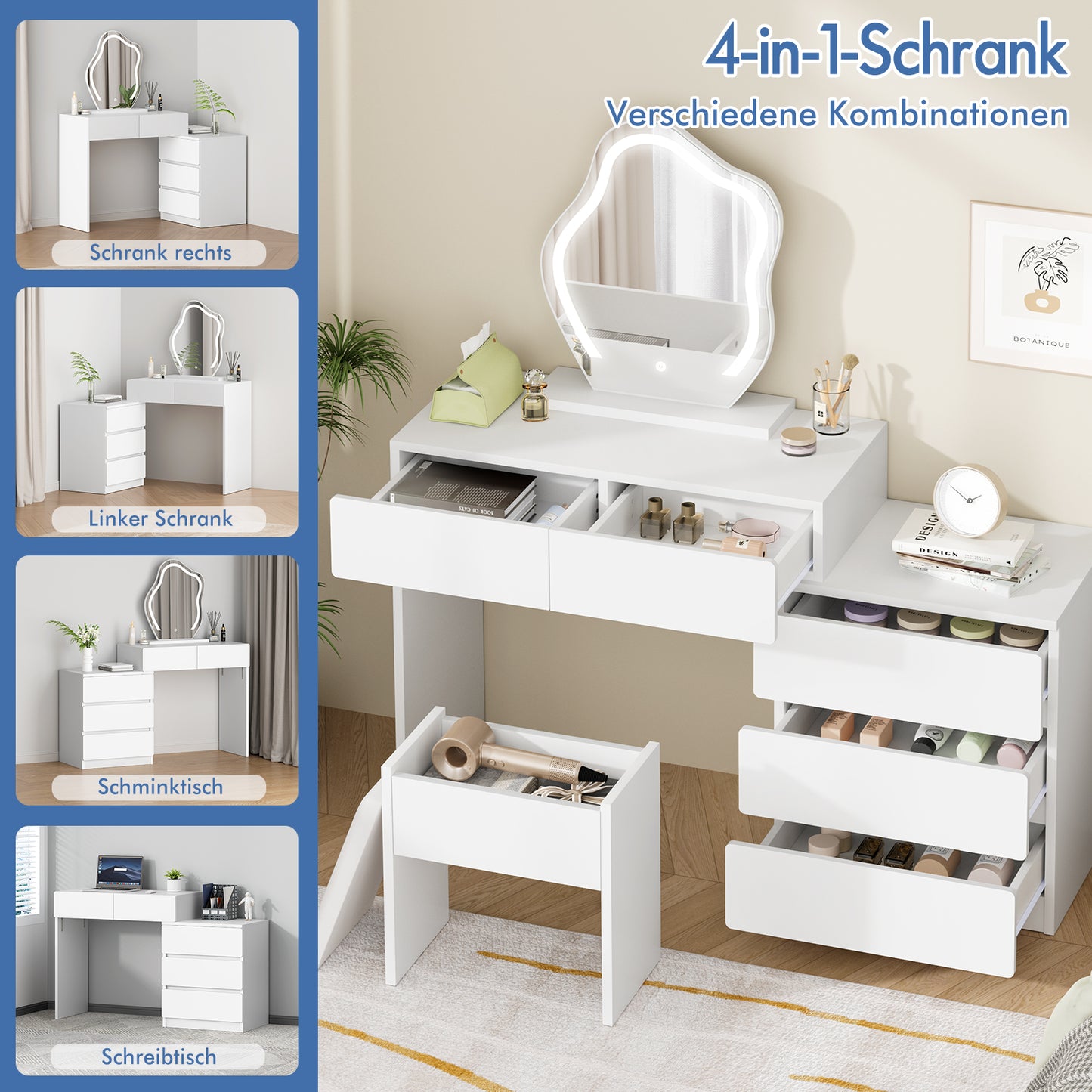 ALFORDSON Frisiertisch-Hocker-Set Schminktisch LED Spiegel Schrank Schlafzimmer