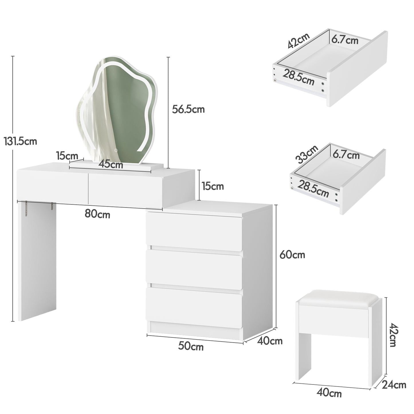 ALFORDSON Frisiertisch-Hocker-Set Schminktisch LED Spiegel Schrank Schlafzimmer