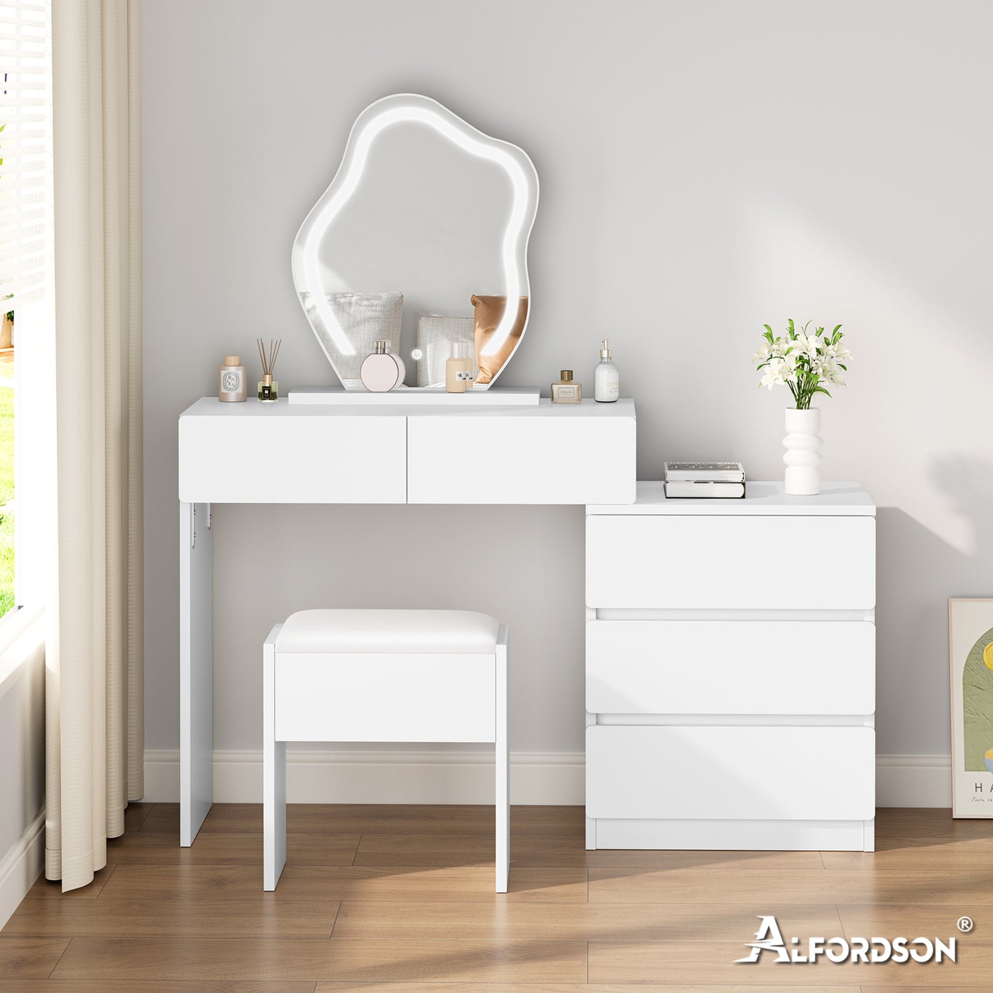 ALFORDSON Frisiertisch-Hocker-Set Schminktisch LED Spiegel Schrank Schlafzimmer