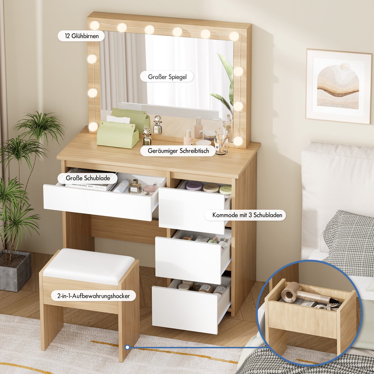 ALFORDSON Frisiertisch-Hocker-Set Schminktisch LED Spiegel Schrank Schlafzimmer