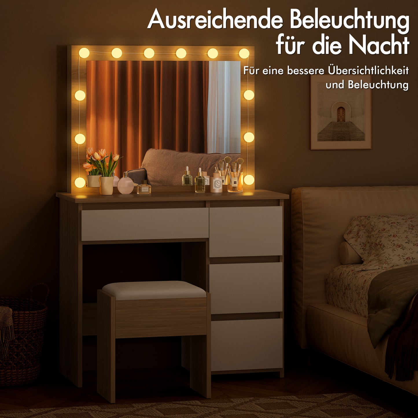 ALFORDSON Frisiertisch-Hocker-Set Schminktisch LED Spiegel Schrank Schlafzimmer