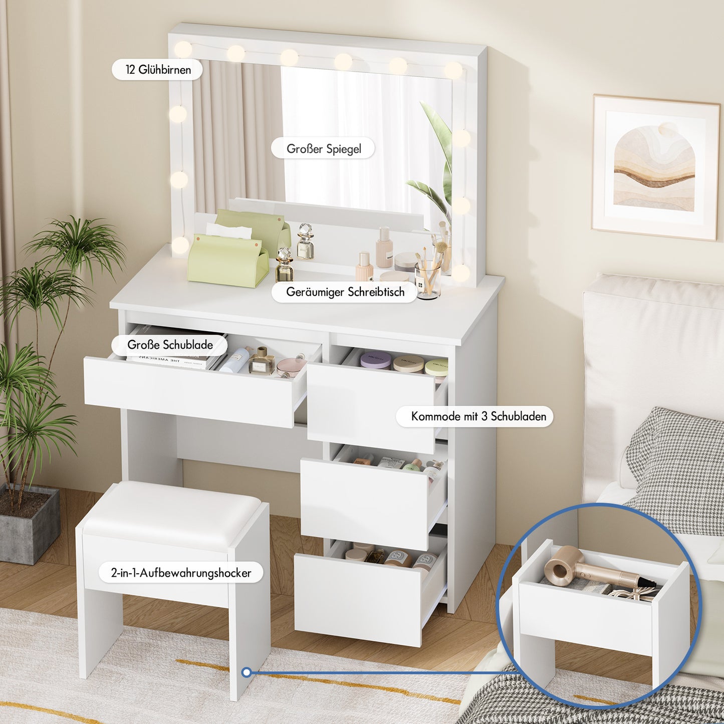 ALFORDSON Frisiertisch-Hocker-Set Schminktisch LED Spiegel Schrank Schlafzimmer