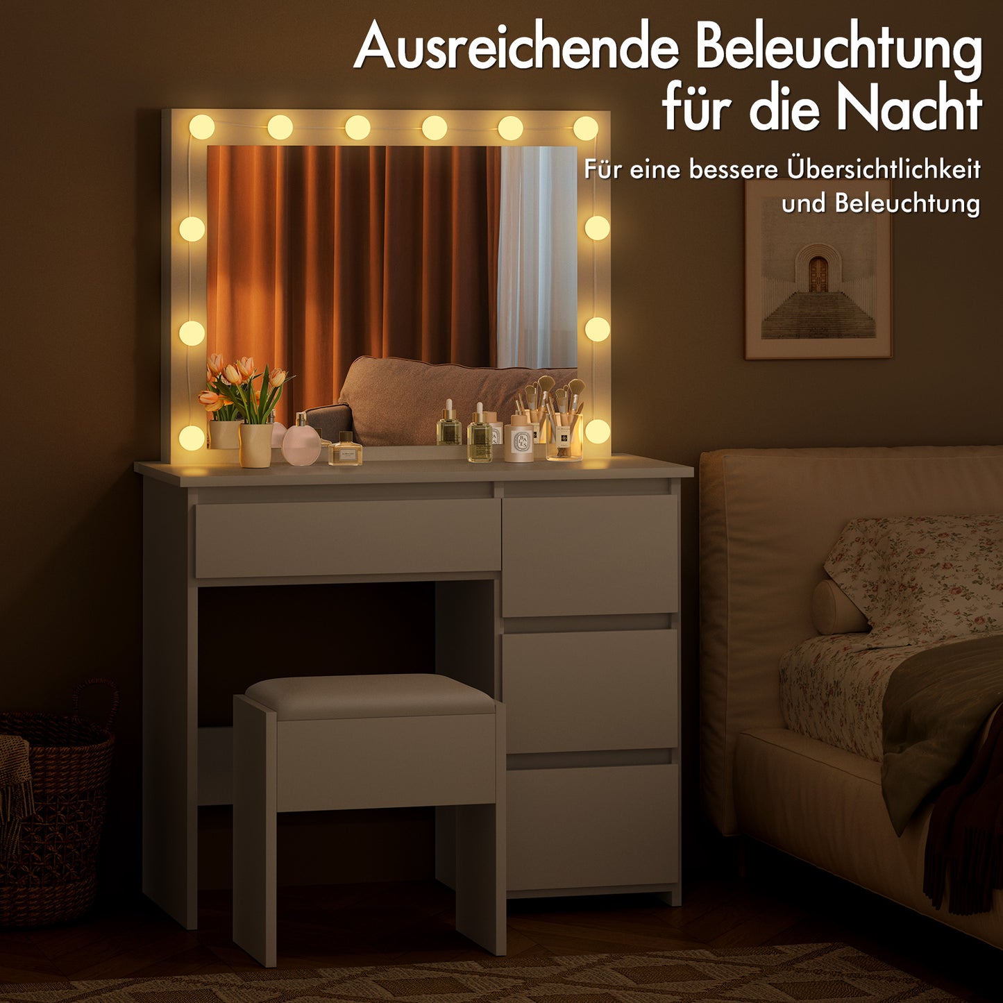 ALFORDSON Frisiertisch-Hocker-Set Schminktisch LED Spiegel Schrank Schlafzimmer