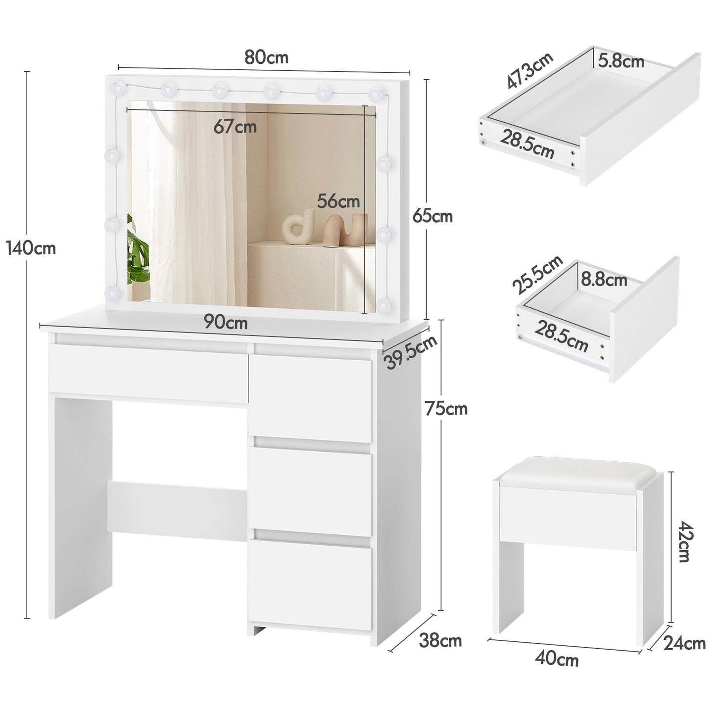 ALFORDSON Frisiertisch-Hocker-Set Schminktisch LED Spiegel Schrank Schlafzimmer