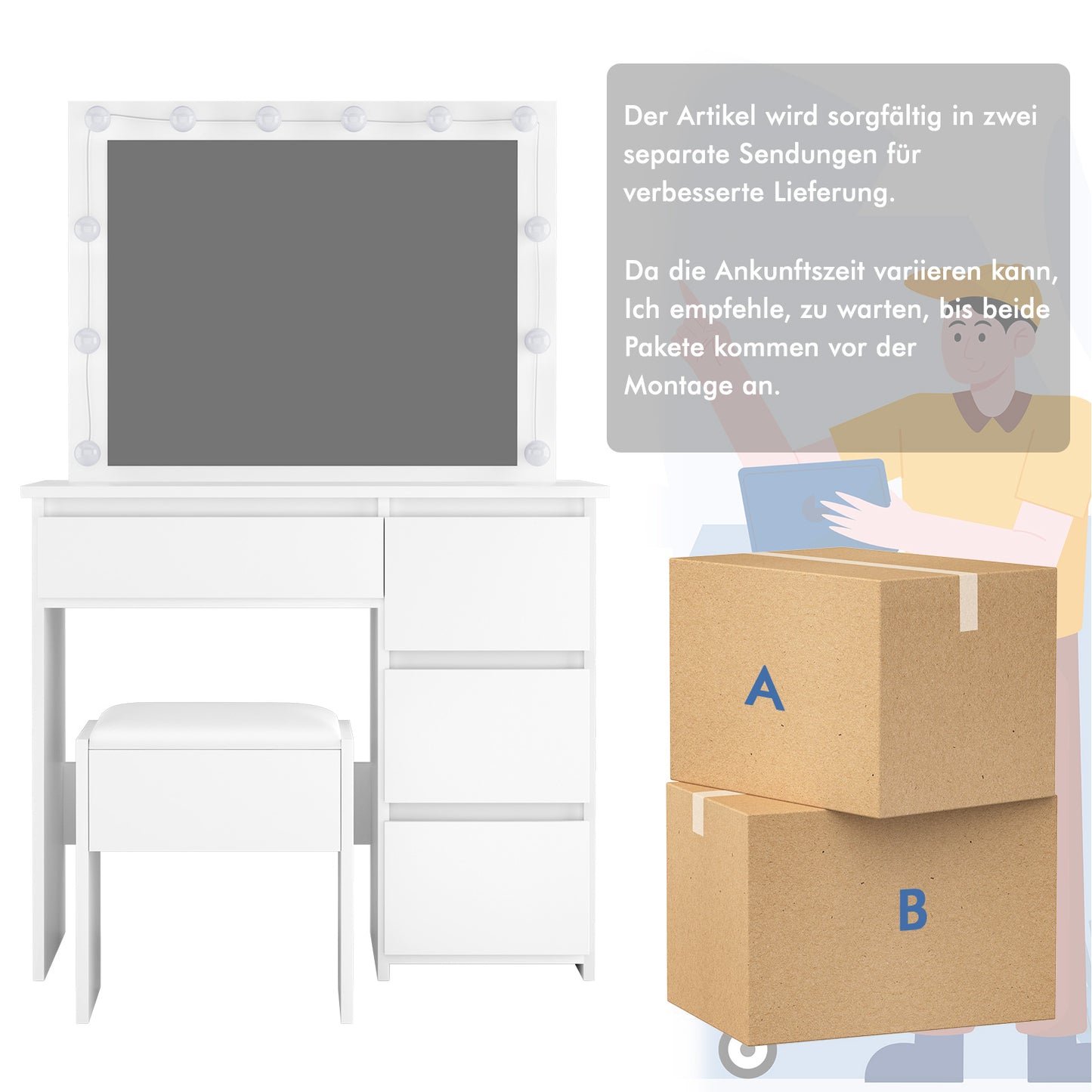 ALFORDSON Frisiertisch-Hocker-Set Schminktisch LED Spiegel Schrank Schlafzimmer