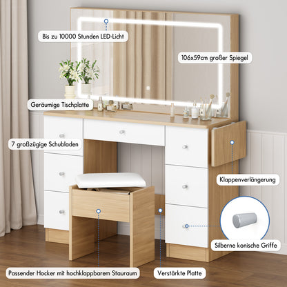 ALFORDSON Frisiertisch-Hocker-Set Schminktisch LED Spiegel Schrank Schlafzimmer