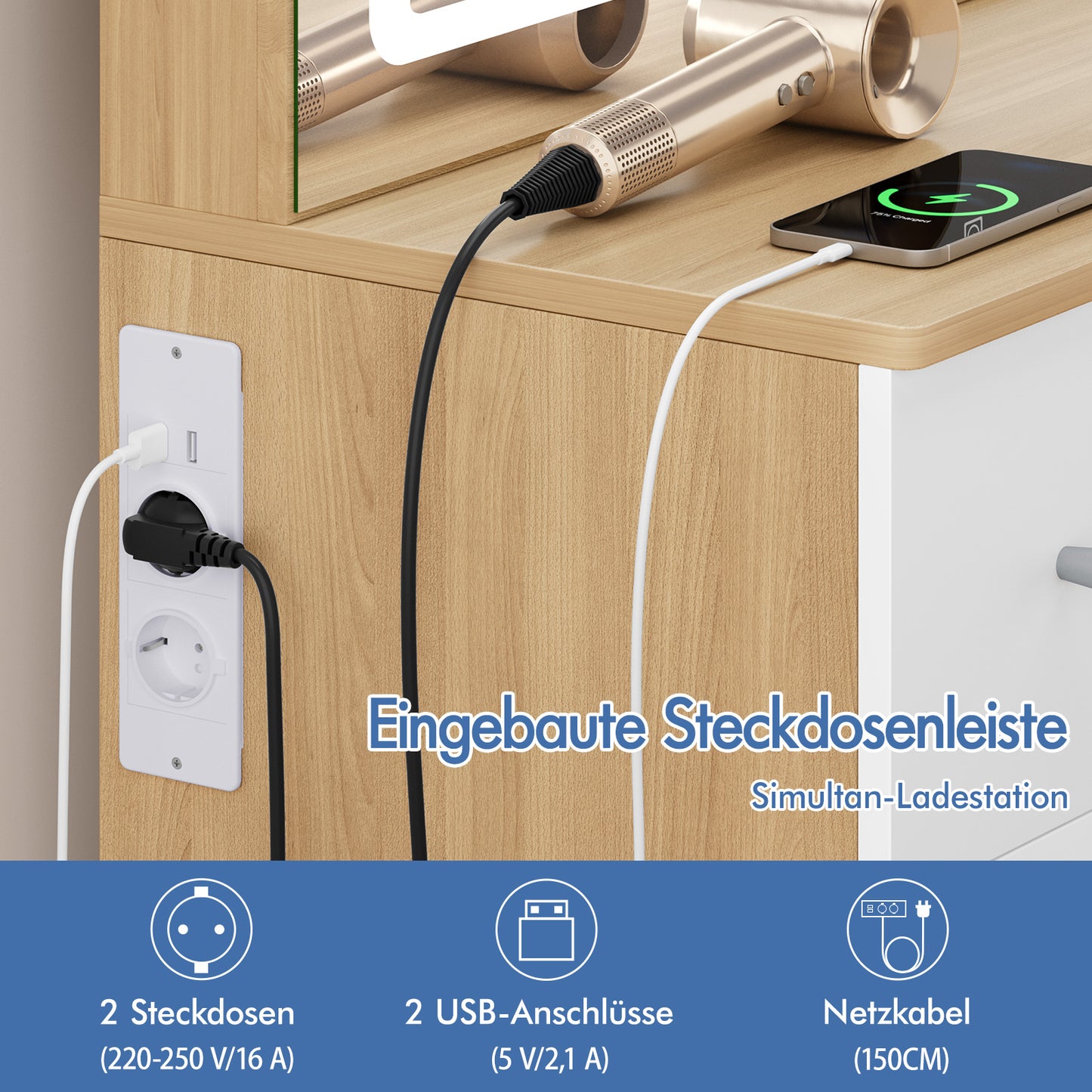 ALFORDSON Frisiertisch-Hocker-Set Schminktisch LED Spiegel Schrank Schlafzimmer