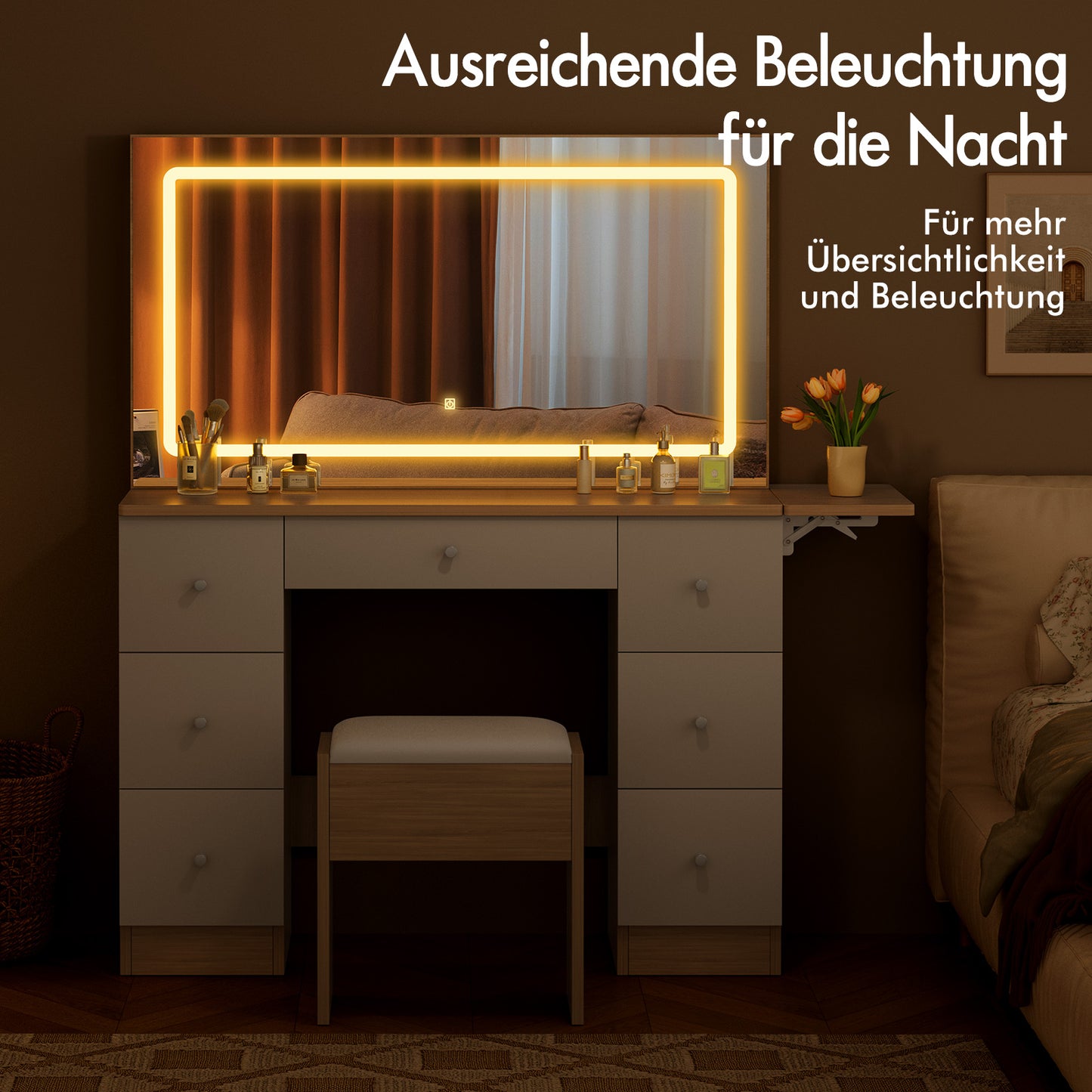 ALFORDSON Frisiertisch-Hocker-Set Schminktisch LED Spiegel Schrank Schlafzimmer