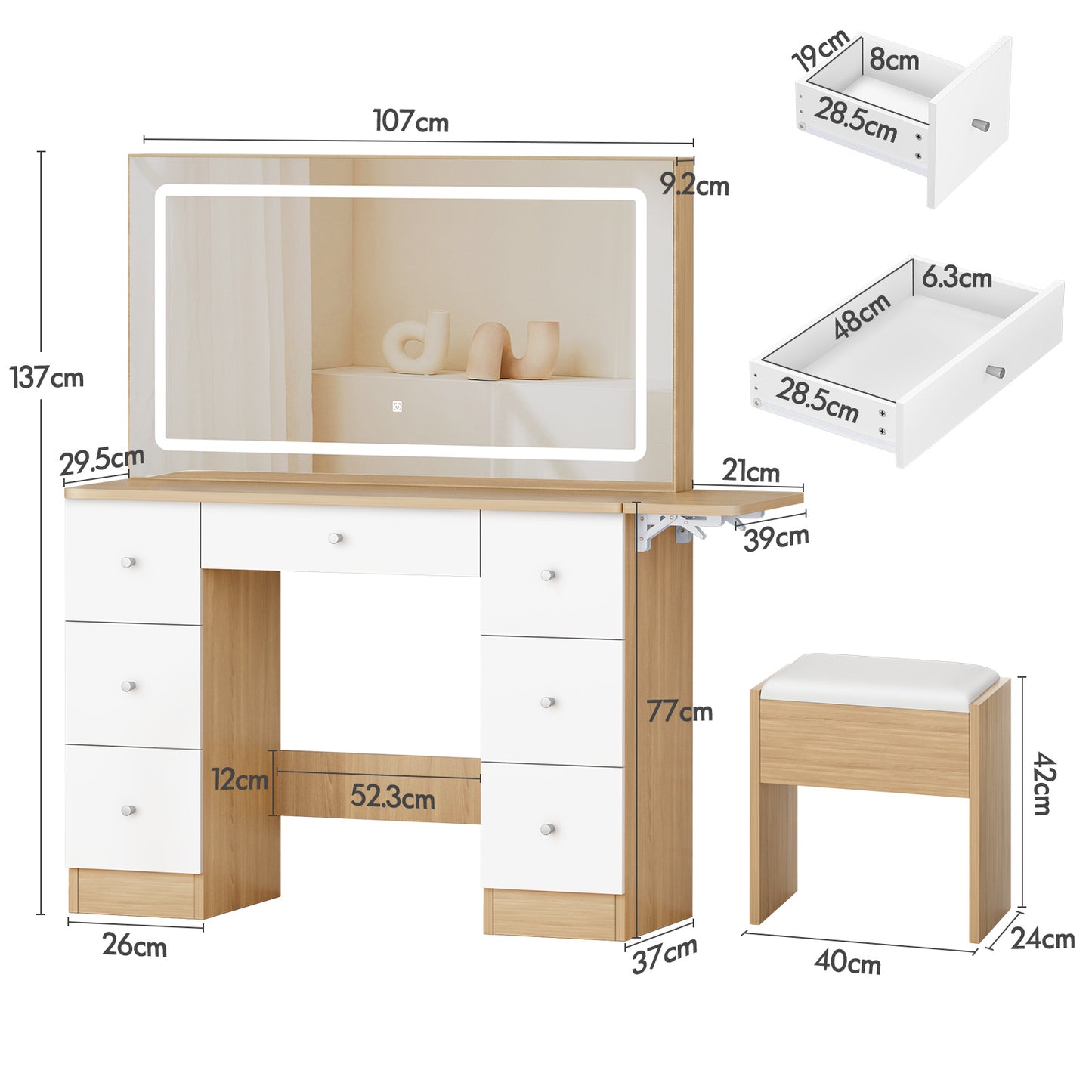 ALFORDSON Frisiertisch-Hocker-Set Schminktisch LED Spiegel Schrank Schlafzimmer