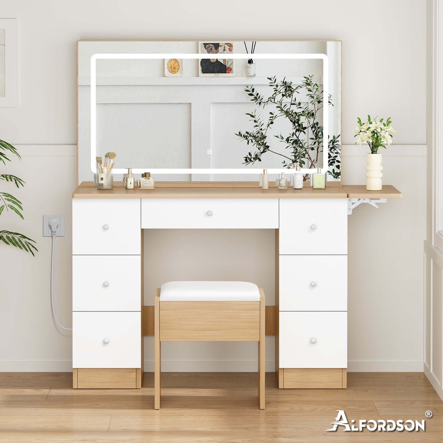 ALFORDSON Frisiertisch-Hocker-Set Schminktisch LED Spiegel Schrank Schlafzimmer