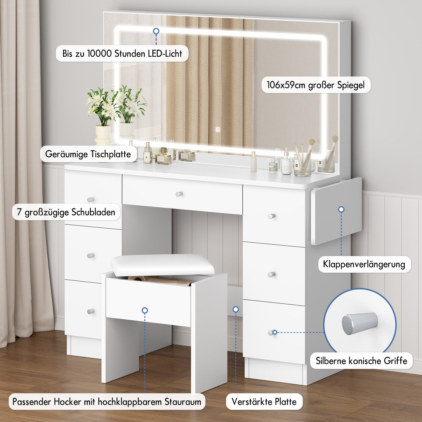 ALFORDSON Frisiertisch-Hocker-Set Schminktisch LED Spiegel Schrank Schlafzimmer