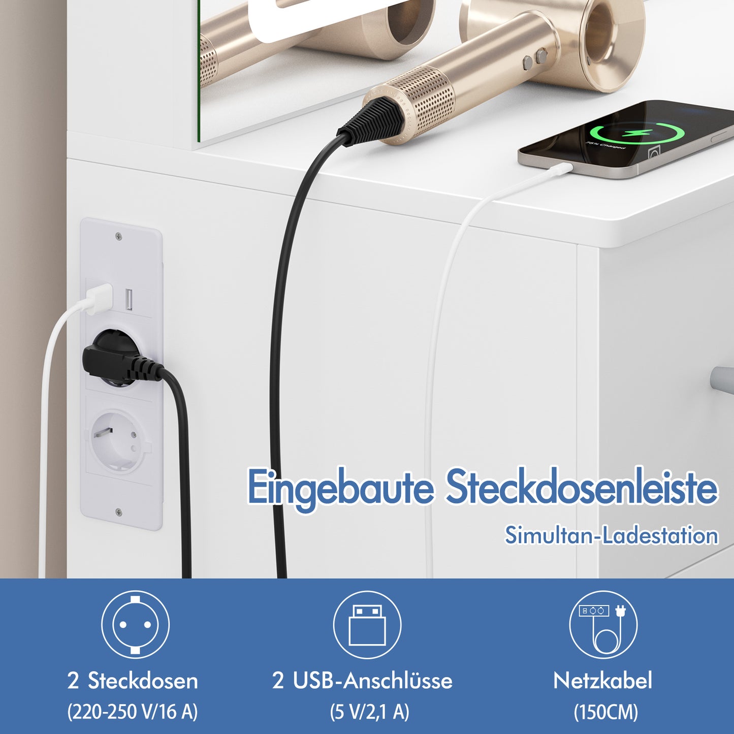 ALFORDSON Frisiertisch-Hocker-Set Schminktisch LED Spiegel Schrank Schlafzimmer