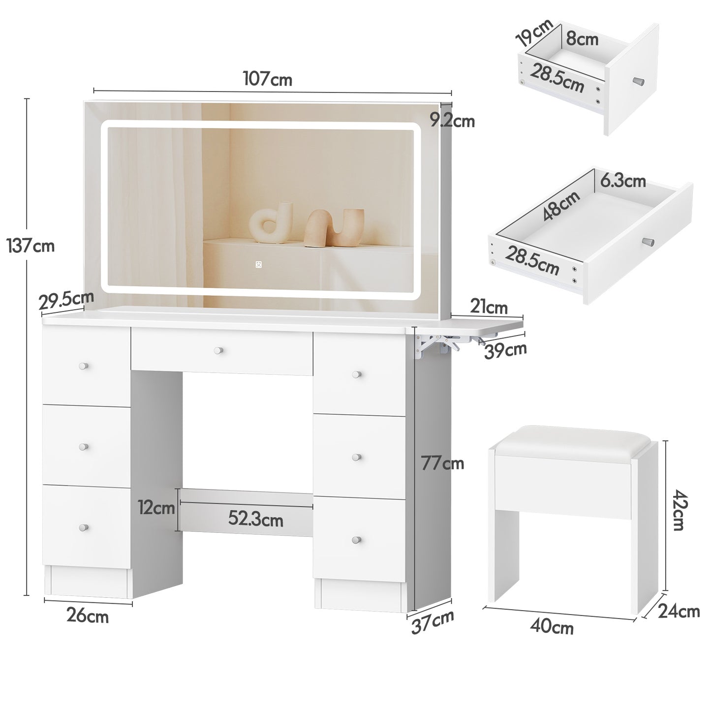 ALFORDSON Frisiertisch-Hocker-Set Schminktisch LED Spiegel Schrank Schlafzimmer