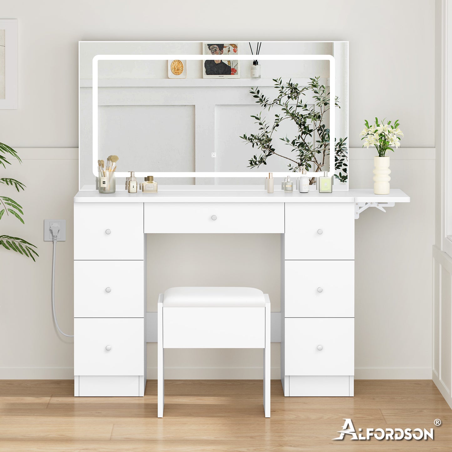 ALFORDSON Frisiertisch-Hocker-Set Schminktisch LED Spiegel Schrank Schlafzimmer