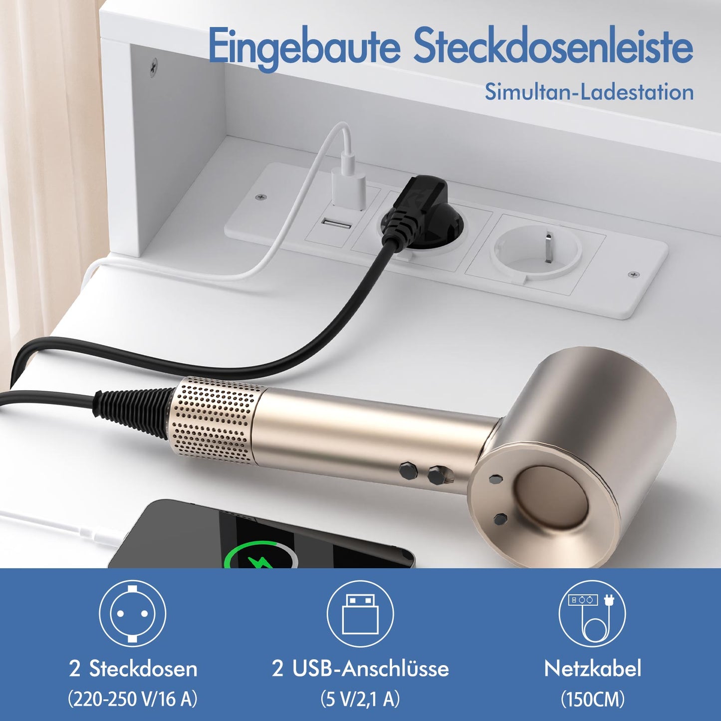 ALFORDSON Frisiertisch-Hocker-Set Schminktisch LED Spiegel Schrank Schlafzimmer